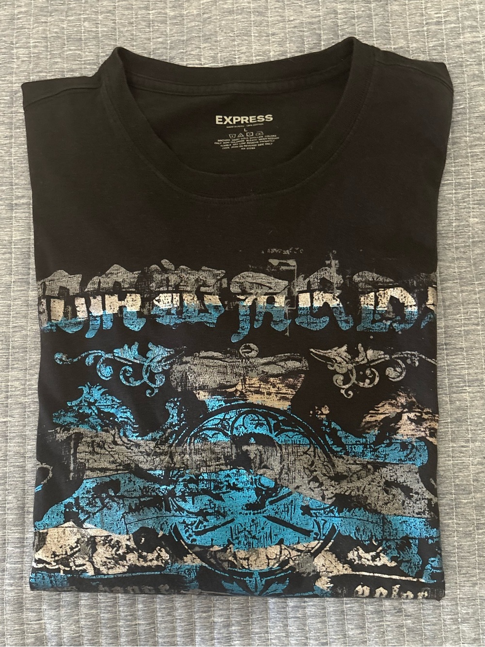 Express Black Short Sleeve Graphic Tee with Blue and Gray Print